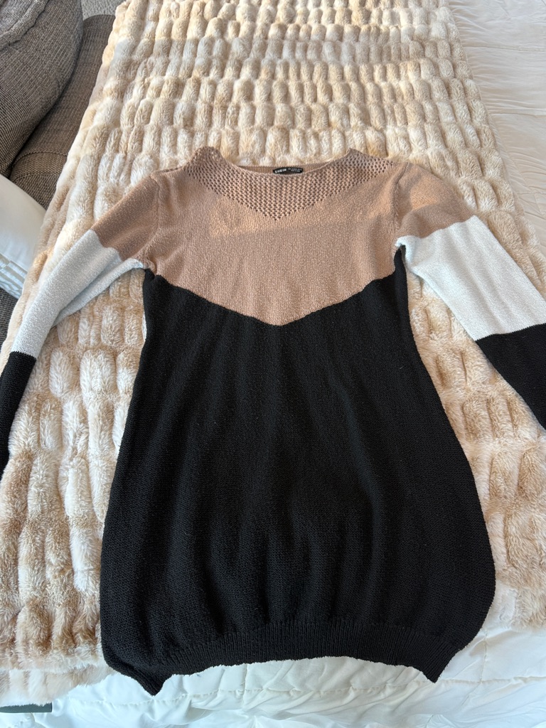Shein Black, Beige & White Colorblock V-Neck Long Sleeve Dress